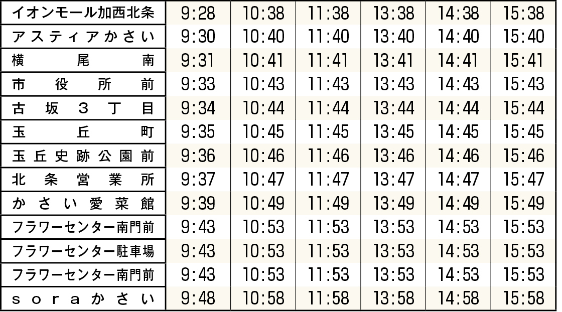 soraかさい線時刻表（平日・北条市街地から中富方面）