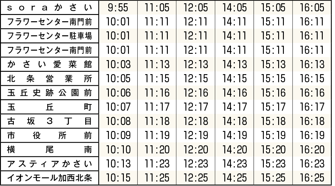 soraかさい線時刻表（平日・中富から北条市街地方面）