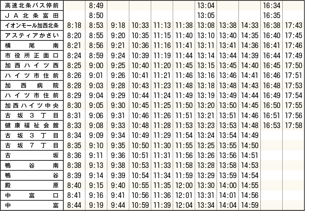 市街地線時刻表（平日・北条市街地から中富方面）