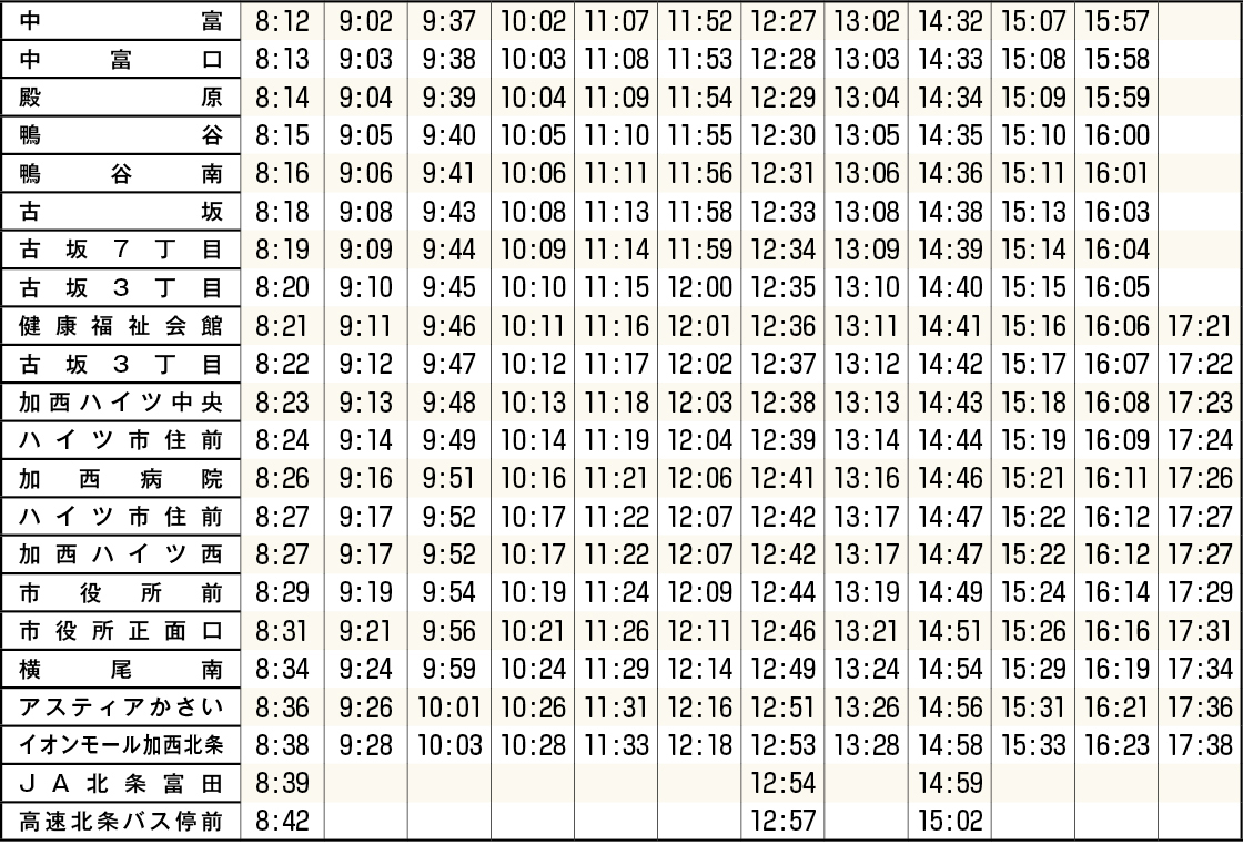市街地線時刻表（平日・中富から北条市街地方面）