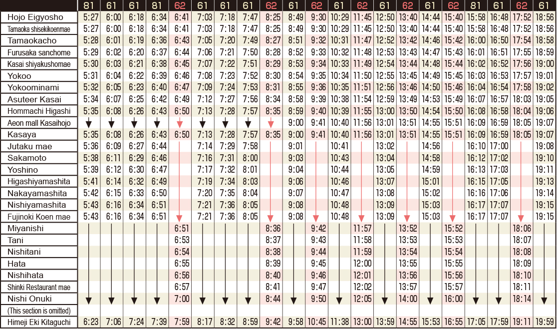 神姫_姫路〜北条線時刻表（平日・北条市街地から姫路方面）